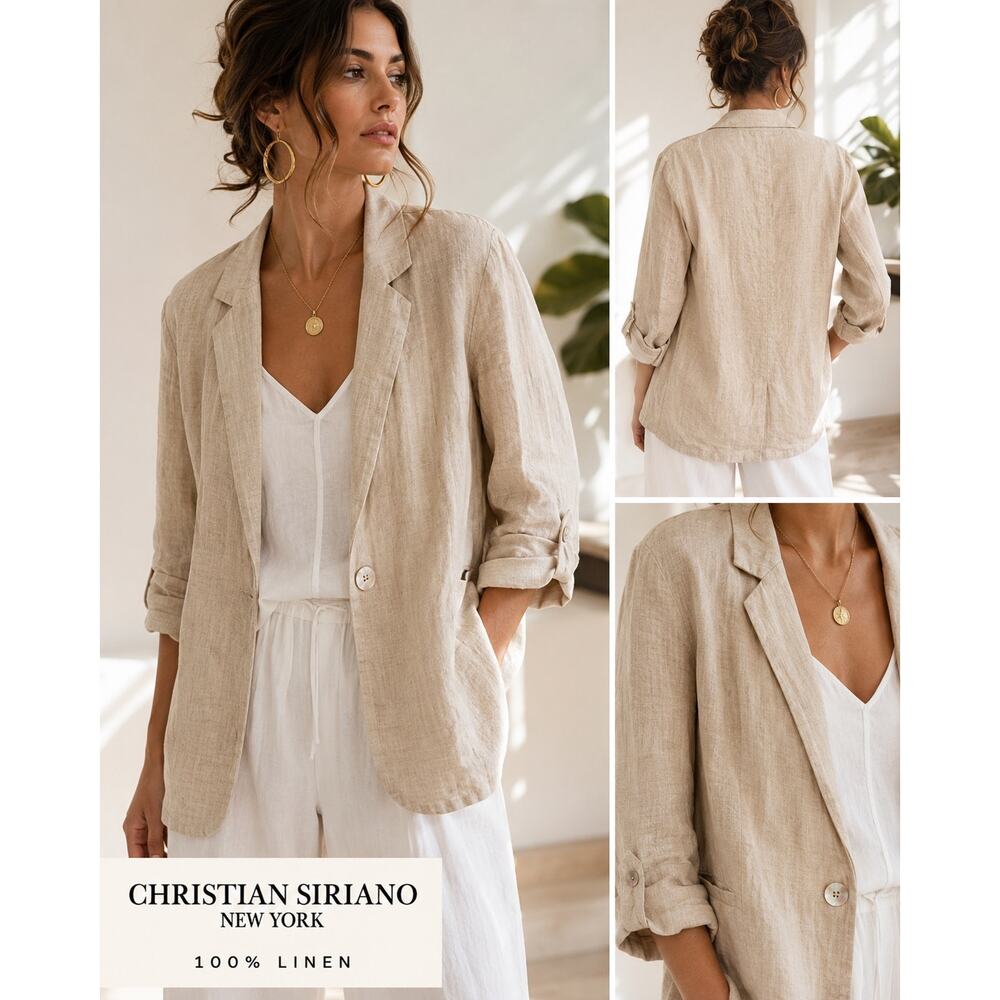 Christian Siriano 100% Linen Blazer S Beige Quiet Luxury Coastal Grandma Jacket